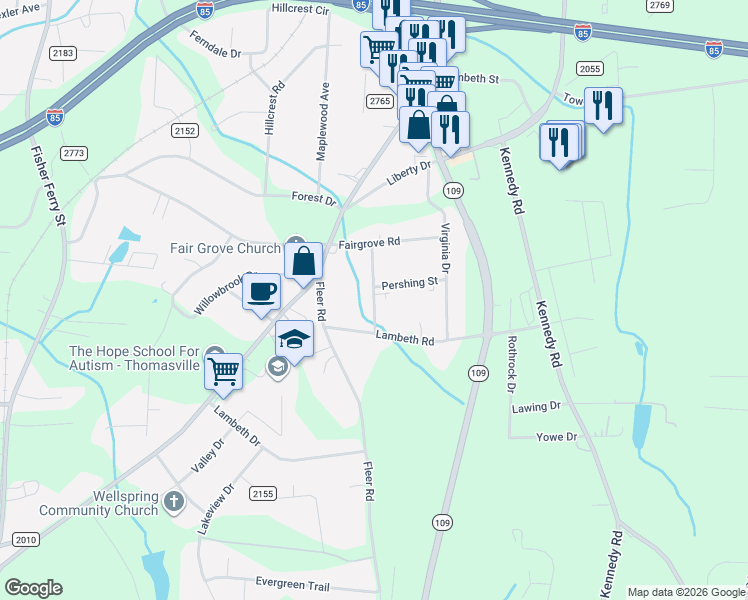 map of restaurants, bars, coffee shops, grocery stores, and more near 388 Springs Grove Lane in Thomasville