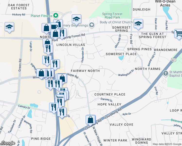 map of restaurants, bars, coffee shops, grocery stores, and more near 4909 Wallingford Drive in Raleigh