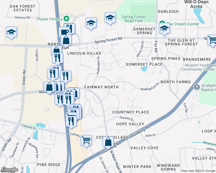 map of restaurants, bars, coffee shops, grocery stores, and more near 4909 Wallingford Drive in Raleigh