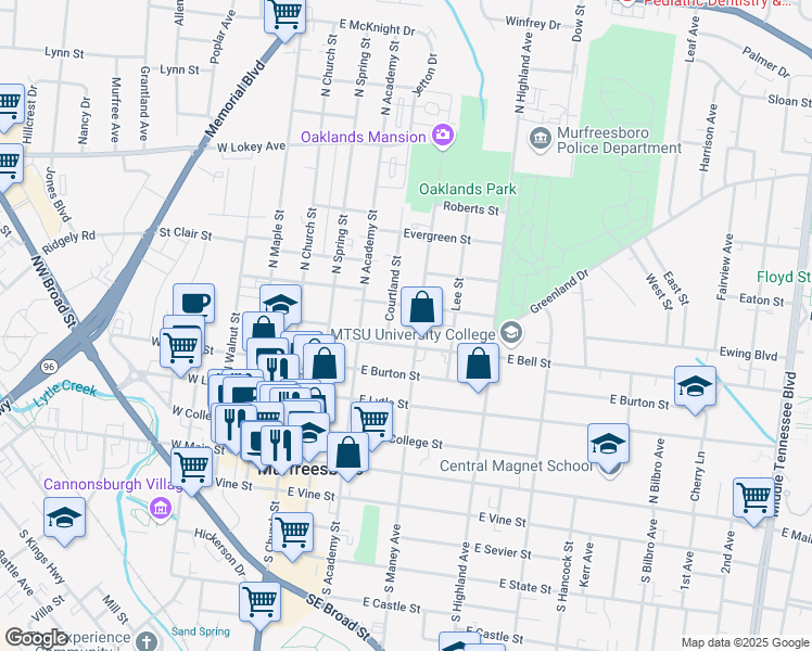map of restaurants, bars, coffee shops, grocery stores, and more near 513 North Maney Avenue in Murfreesboro