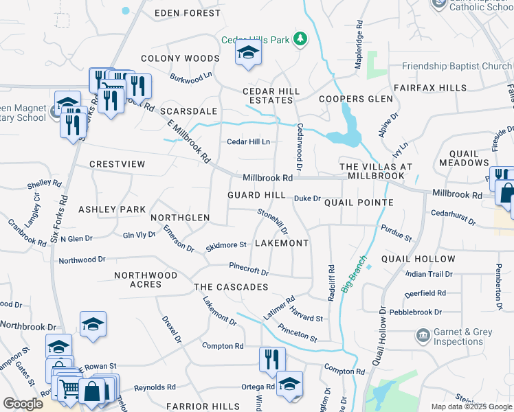 map of restaurants, bars, coffee shops, grocery stores, and more near 5004 Stonehill Drive in Raleigh