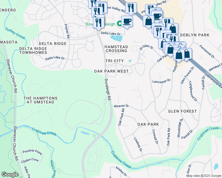 map of restaurants, bars, coffee shops, grocery stores, and more near 4247 Camden Woods Court in Raleigh