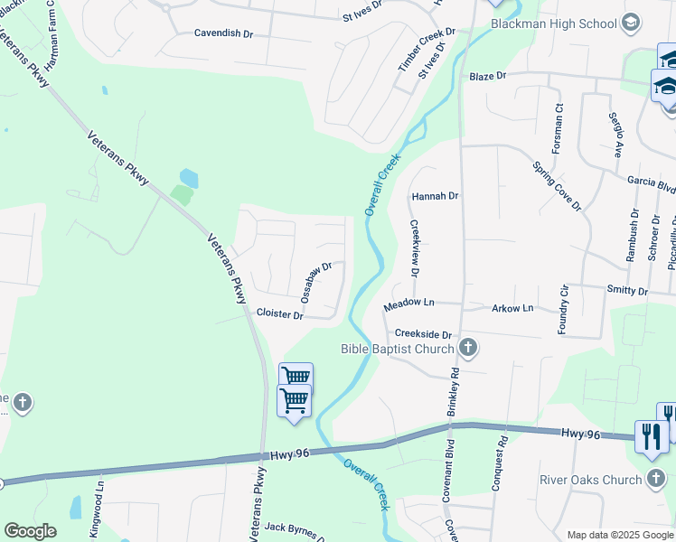 map of restaurants, bars, coffee shops, grocery stores, and more near 5210 Cloister Drive in Murfreesboro