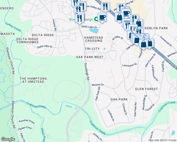 map of restaurants, bars, coffee shops, grocery stores, and more near 4247 Camden Woods Court in Raleigh