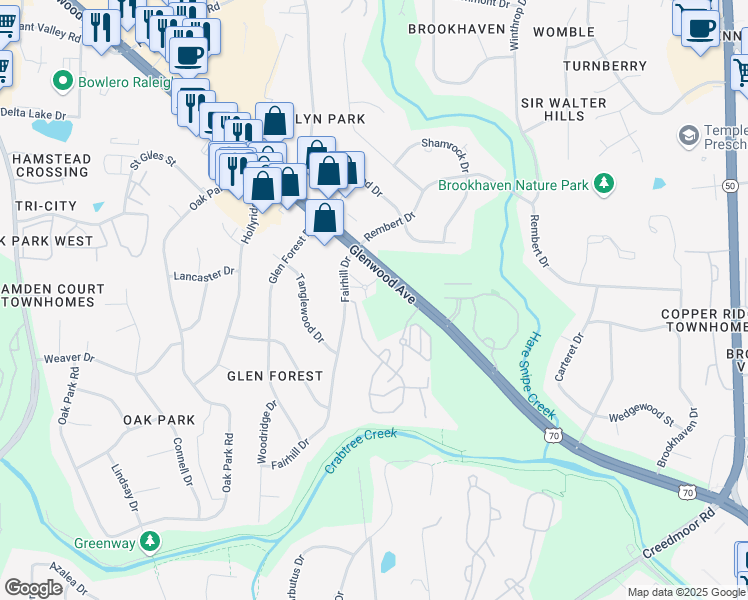 map of restaurants, bars, coffee shops, grocery stores, and more near 2101 Fairhill Drive in Raleigh