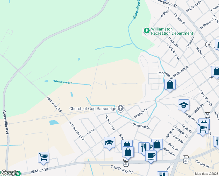map of restaurants, bars, coffee shops, grocery stores, and more near 1132 East Park Road in Williamston