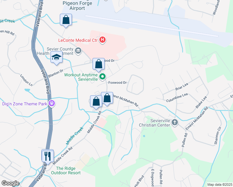map of restaurants, bars, coffee shops, grocery stores, and more near 926 Middle Creek Road in Pigeon Forge
