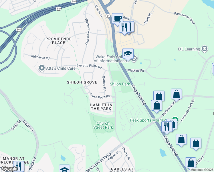 map of restaurants, bars, coffee shops, grocery stores, and more near 913 Church Street in Morrisville