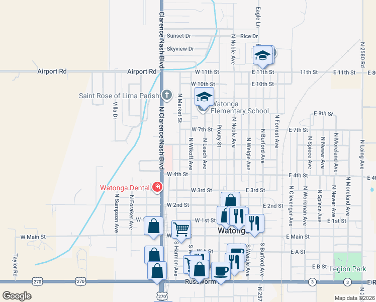 map of restaurants, bars, coffee shops, grocery stores, and more near 606 North Wikoff Street in Watonga