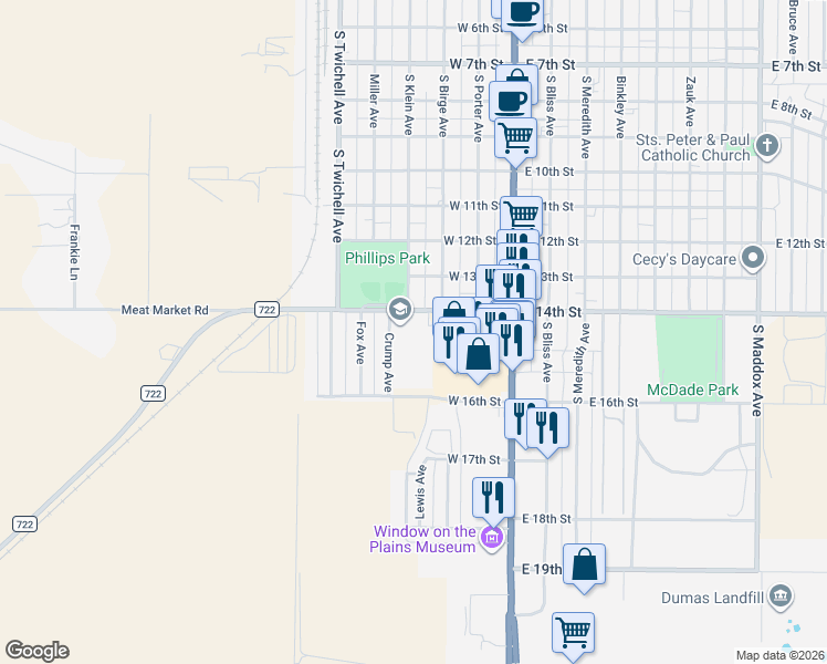 map of restaurants, bars, coffee shops, grocery stores, and more near 1401-1599 Crump Avenue in Dumas