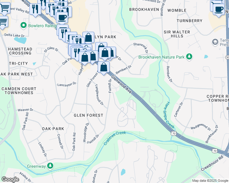 map of restaurants, bars, coffee shops, grocery stores, and more near 2101 Fairhill Dr in Raleigh