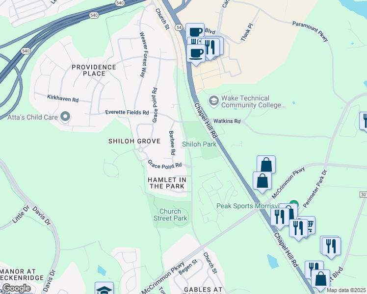 map of restaurants, bars, coffee shops, grocery stores, and more near 913 Church Street in Morrisville