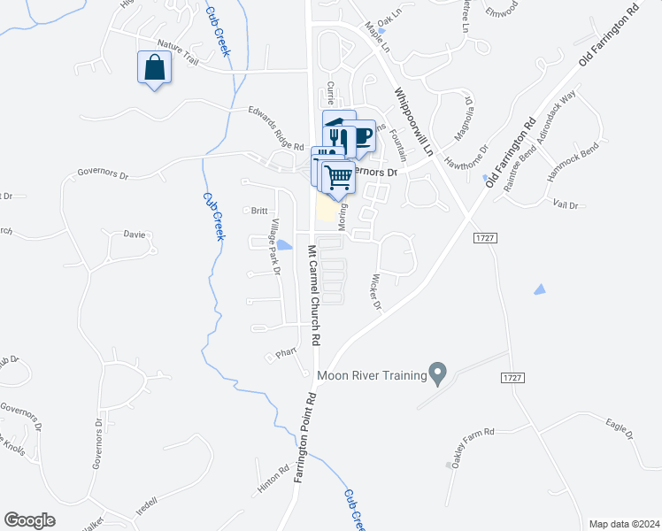 map of restaurants, bars, coffee shops, grocery stores, and more near 1041 Philpott Drive in Chapel Hill