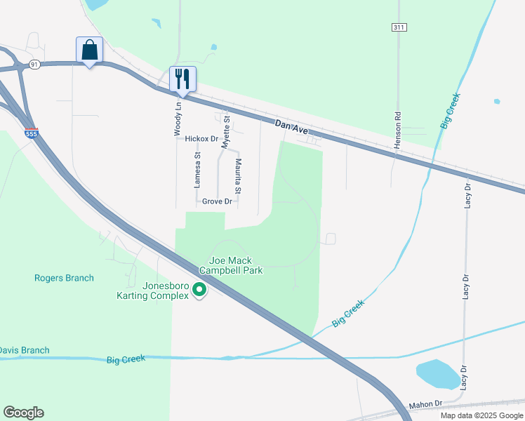 map of restaurants, bars, coffee shops, grocery stores, and more near 227 Royale Drive in Jonesboro