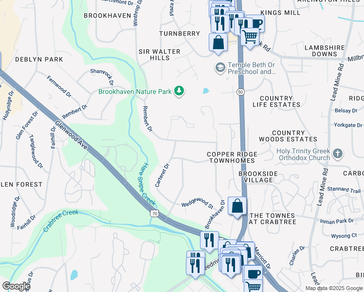 map of restaurants, bars, coffee shops, grocery stores, and more near 4729 Rembert Drive in Raleigh