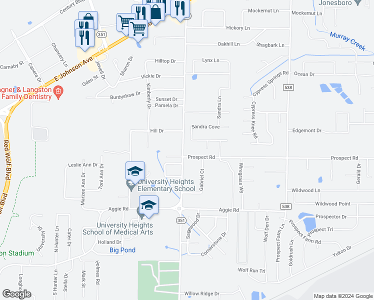 map of restaurants, bars, coffee shops, grocery stores, and more near 606 Airport Road in Jonesboro