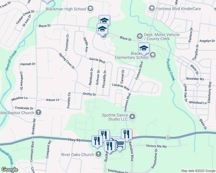 map of restaurants, bars, coffee shops, grocery stores, and more near 516 Piccadilly Drive in Murfreesboro