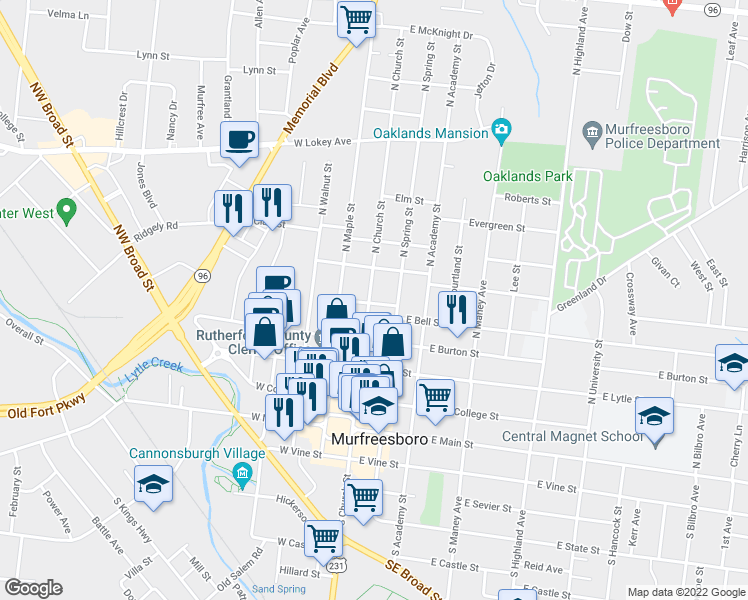 map of restaurants, bars, coffee shops, grocery stores, and more near 502 North Church Street in Murfreesboro