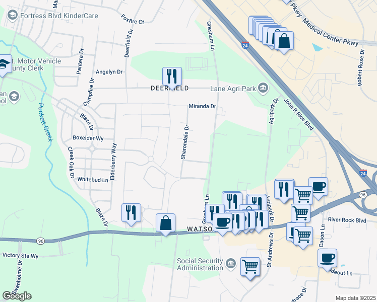 map of restaurants, bars, coffee shops, grocery stores, and more near 2324 Clairmont Drive in Murfreesboro