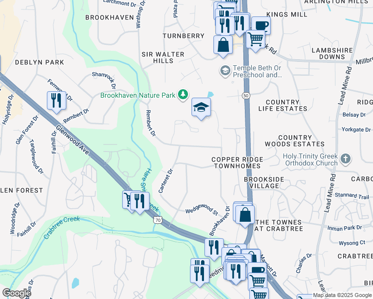 map of restaurants, bars, coffee shops, grocery stores, and more near 4729 Rembert Drive in Raleigh
