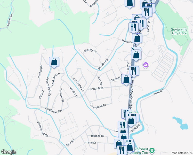 map of restaurants, bars, coffee shops, grocery stores, and more near 1003 Gay Street in Sevierville