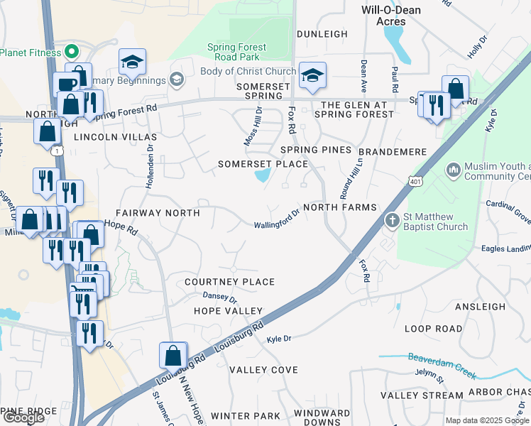 map of restaurants, bars, coffee shops, grocery stores, and more near 4609 Kresson Place in Raleigh