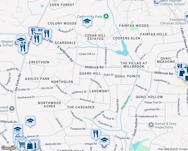 map of restaurants, bars, coffee shops, grocery stores, and more near 5004 Stonehill Drive in Raleigh