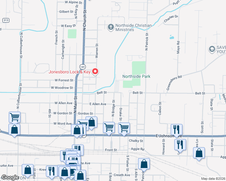map of restaurants, bars, coffee shops, grocery stores, and more near 516 Belt Street in Jonesboro