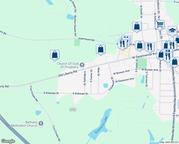 map of restaurants, bars, coffee shops, grocery stores, and more near 111 South Murphy Street in Liberty