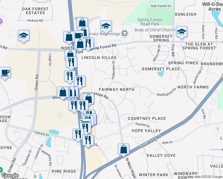 map of restaurants, bars, coffee shops, grocery stores, and more near 4822 Hollenden Drive in Raleigh