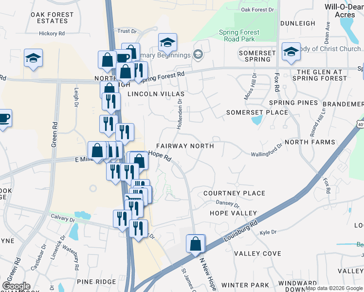 map of restaurants, bars, coffee shops, grocery stores, and more near 4908 Coral Ridge Court in Raleigh