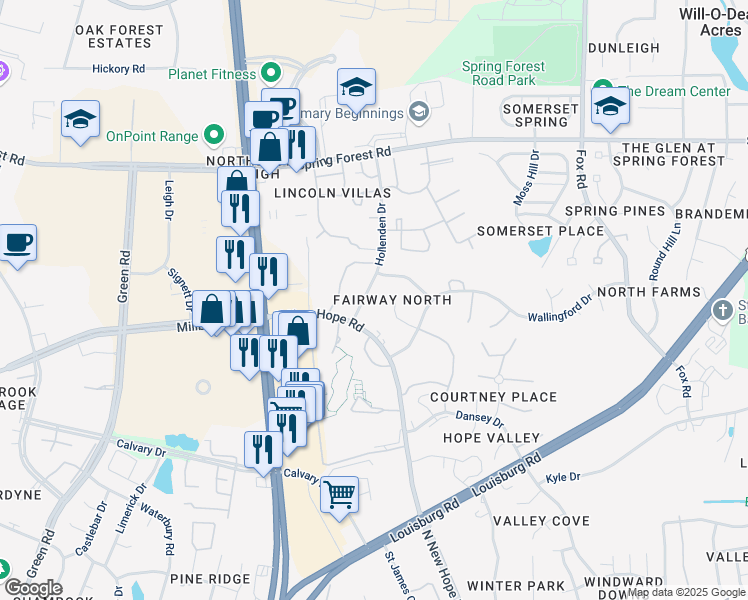 map of restaurants, bars, coffee shops, grocery stores, and more near 4822 Hollenden Drive in Raleigh