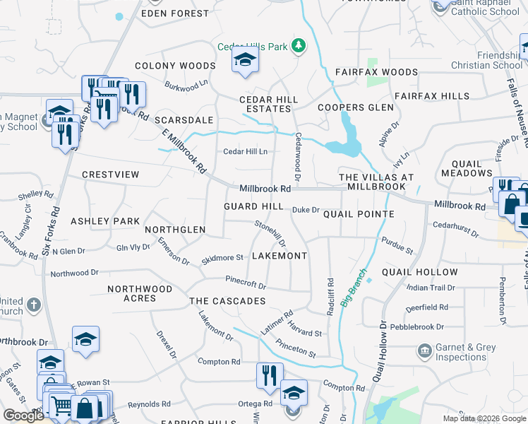 map of restaurants, bars, coffee shops, grocery stores, and more near 5004 Stonehill Drive in Raleigh
