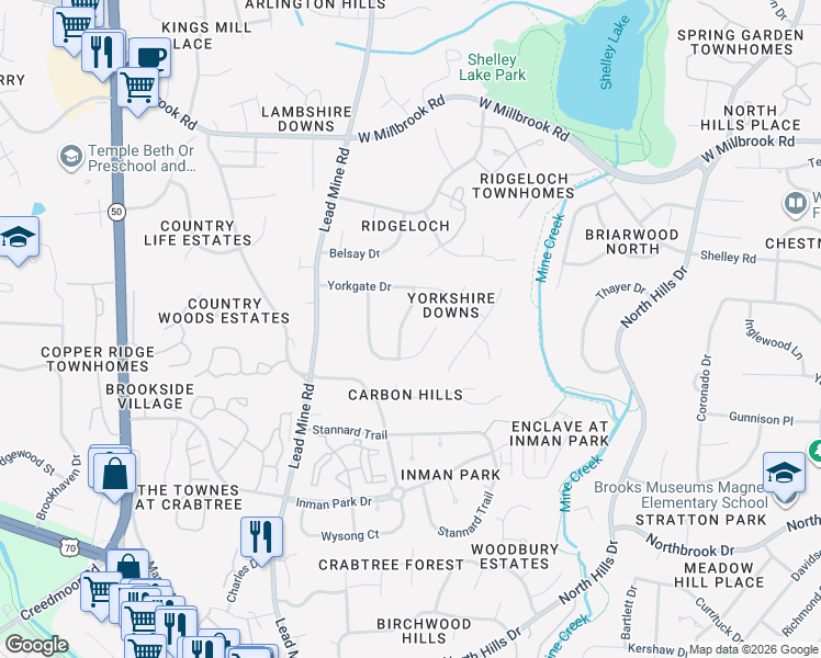 map of restaurants, bars, coffee shops, grocery stores, and more near 5012 Knaresborough Road in Raleigh