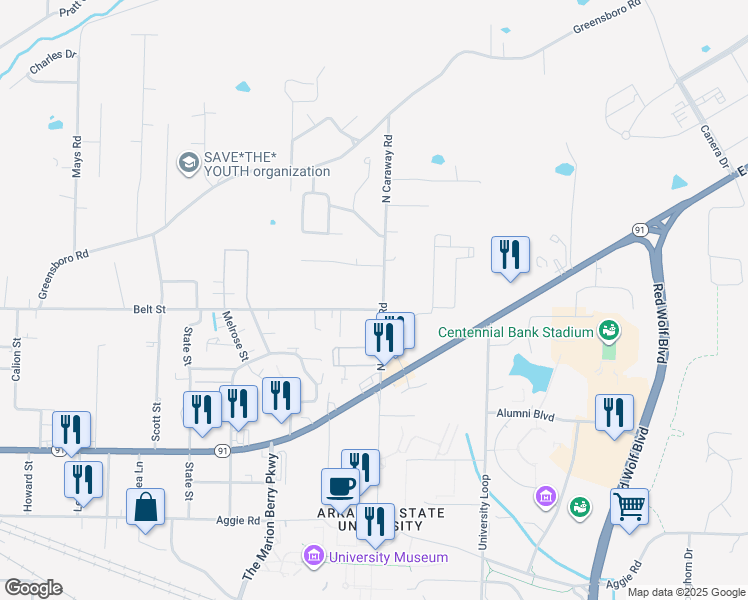 map of restaurants, bars, coffee shops, grocery stores, and more near 2225 Belt Street in Jonesboro