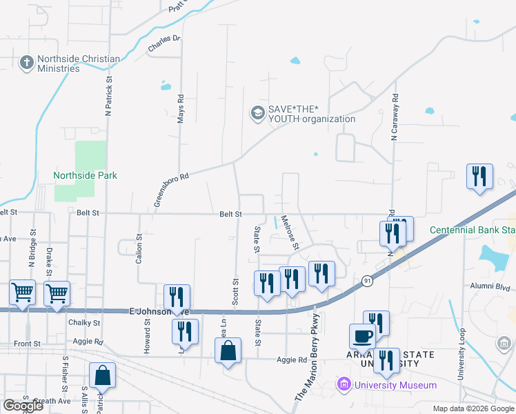 map of restaurants, bars, coffee shops, grocery stores, and more near 521 State Street in Jonesboro