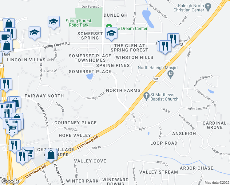 map of restaurants, bars, coffee shops, grocery stores, and more near 4533 Fox Road in Raleigh