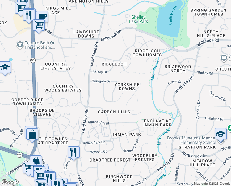 map of restaurants, bars, coffee shops, grocery stores, and more near 5012 Knaresborough Road in Raleigh