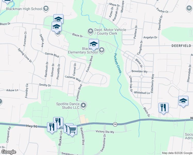 map of restaurants, bars, coffee shops, grocery stores, and more near 490 Fortress Boulevard in Murfreesboro