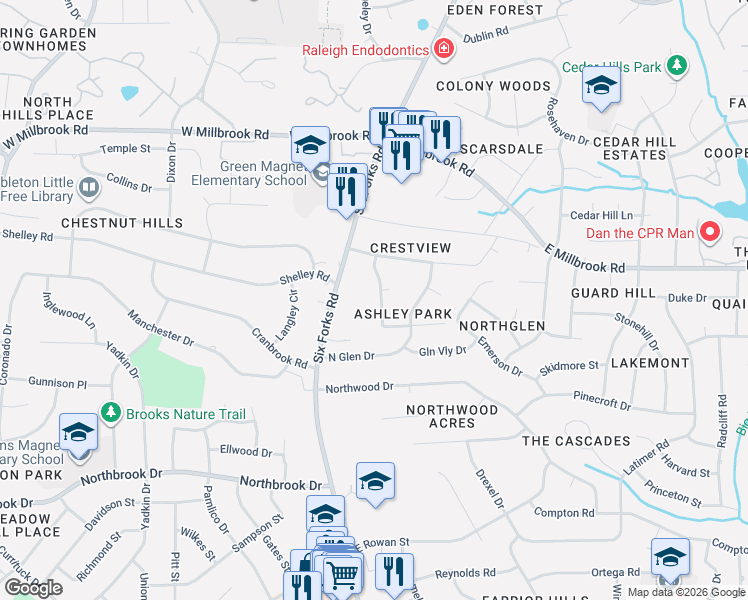 map of restaurants, bars, coffee shops, grocery stores, and more near 5009 Sandlewood Drive in Raleigh