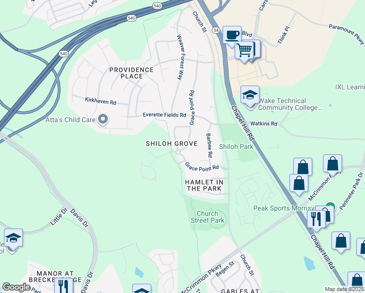 map of restaurants, bars, coffee shops, grocery stores, and more near 1306 Denmark Manor Drive in Morrisville