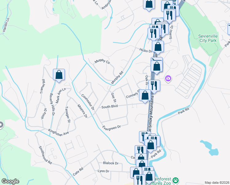 map of restaurants, bars, coffee shops, grocery stores, and more near 1003 Gay Street in Sevierville