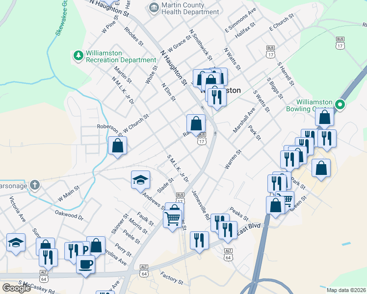 map of restaurants, bars, coffee shops, grocery stores, and more near 213 South Pearl Street in Williamston