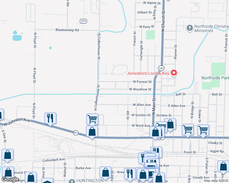 map of restaurants, bars, coffee shops, grocery stores, and more near 406 West Allen Avenue in Jonesboro