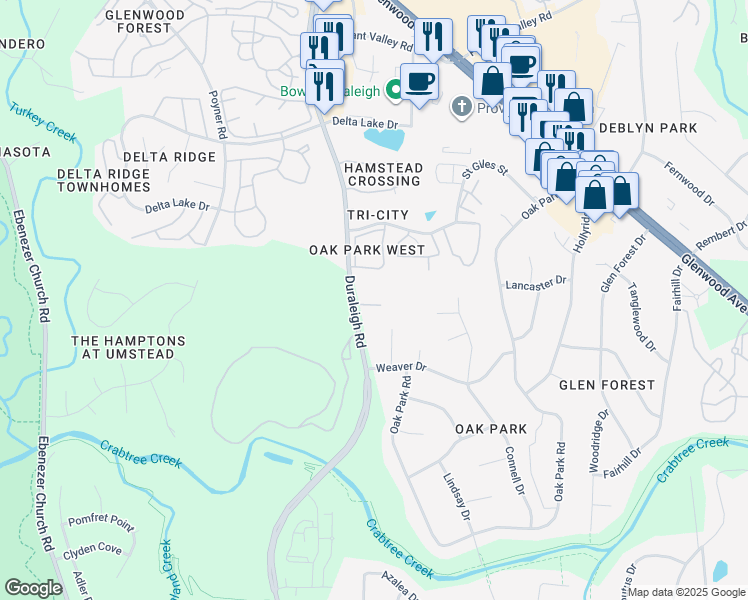 map of restaurants, bars, coffee shops, grocery stores, and more near 4821 Kilkenny Place in Raleigh