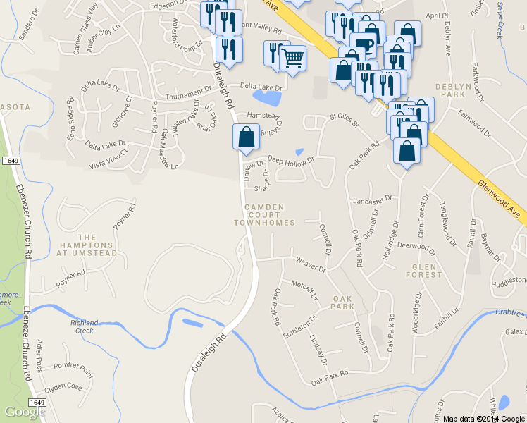 map of restaurants, bars, coffee shops, grocery stores, and more near 4220 Camden Woods Ct in Raleigh