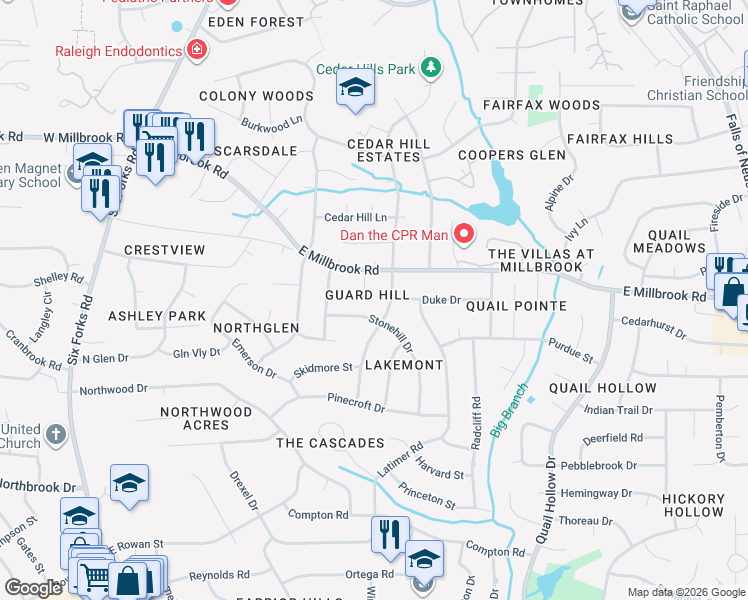 map of restaurants, bars, coffee shops, grocery stores, and more near 5004 Stonehill Drive in Raleigh