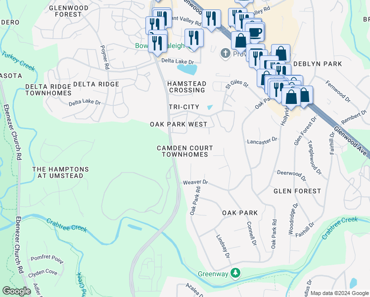 map of restaurants, bars, coffee shops, grocery stores, and more near 4220 Camden Woods Ct in Raleigh
