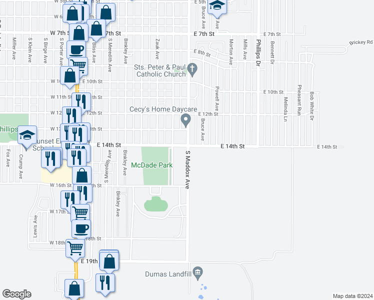 map of restaurants, bars, coffee shops, grocery stores, and more near 1400-1498 South Maddox Avenue in Dumas