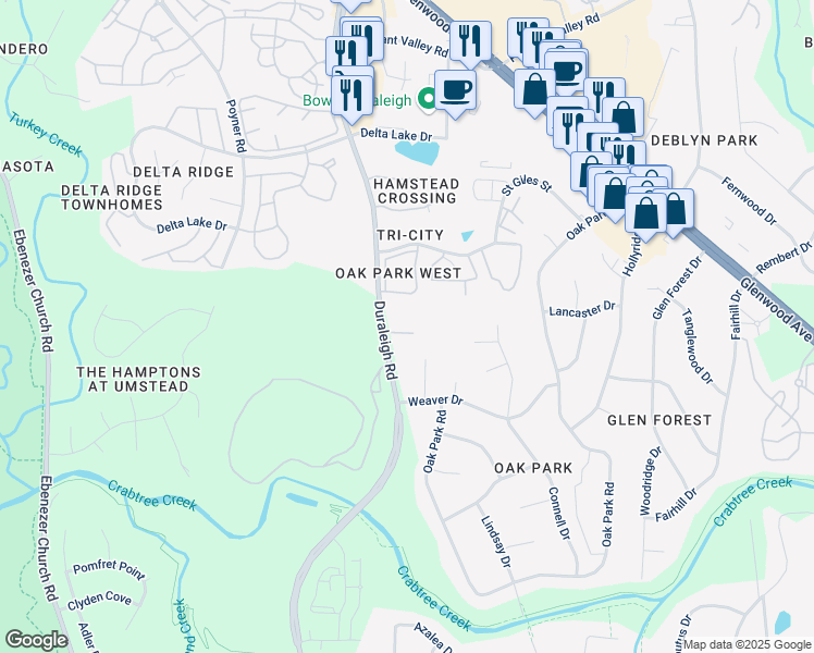 map of restaurants, bars, coffee shops, grocery stores, and more near 4821 Kilkenny Place in Raleigh